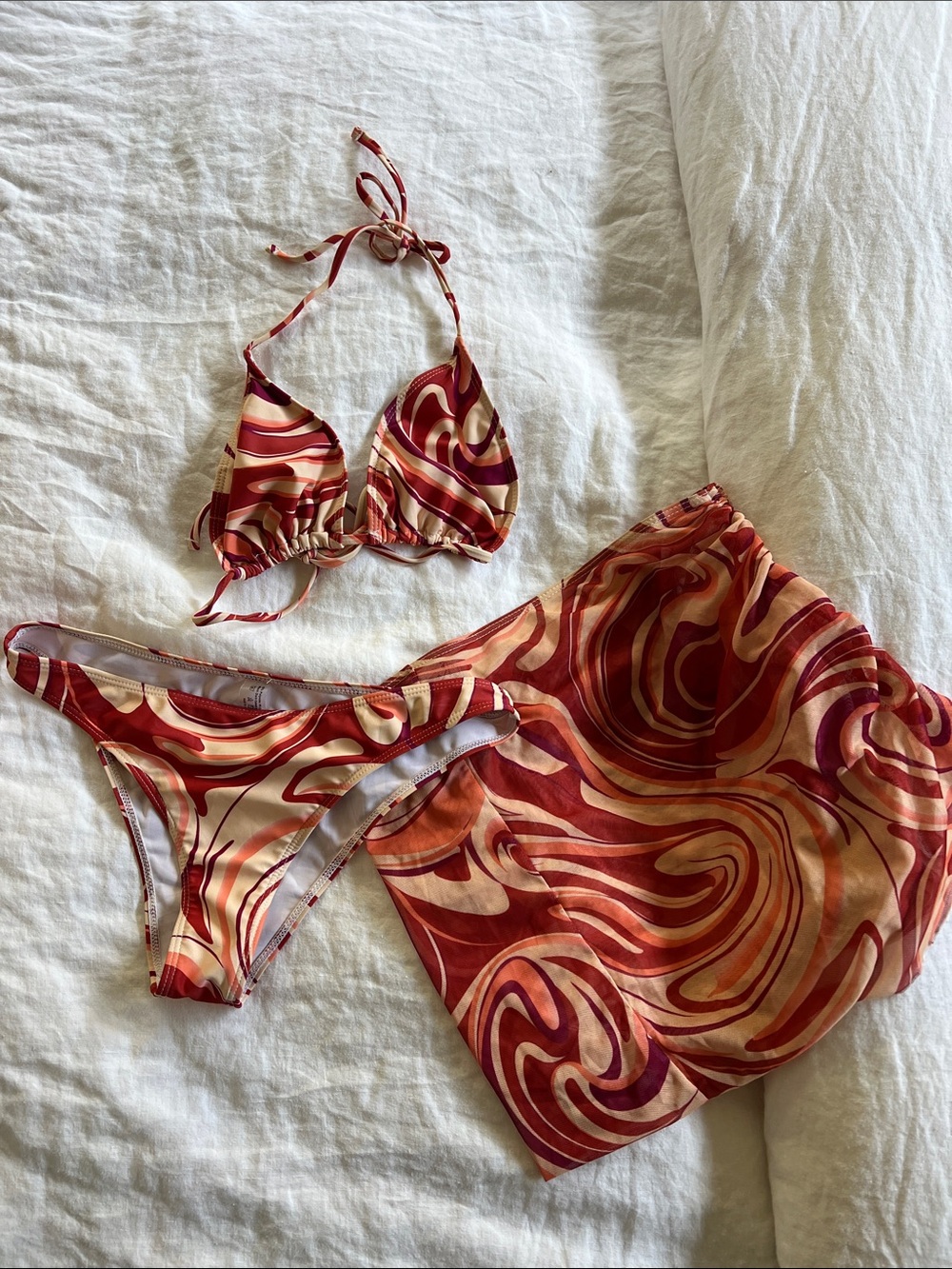 Swirl Print Bikini Set with Cover-Up in Red and Cream